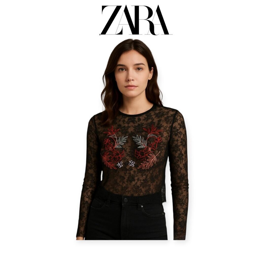 Zara Black Sheer Lace Embroidered Bird Crop Top Size Small Gothic Romantic Style